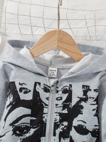 2pcs Baby Girls Street Fashion Print Hoodie Jacket And Pants Set - Grey - View 3
