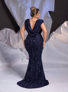 Glamrae Plus Size Elegant Women Deep V-Neck Rhinestone Chain Champagne Mermaid Evening Dress,Formal Prom Gown,Wedding Guest,Navy Blue,Spring,Party,Prom - Navy Blue - View 2