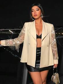 Allurite Elegant Plus Size Women's Shiny Sequin Patchwork Double-Breasted Long Sleeve Blazer Jacket, Suitable For Prom
