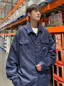 Claim Dot Men's Loose Fit Drop Shoulder Denim Blue Casual Shirt - Dark Wash - View 5