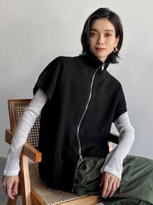 FRIFUL Women's Solid Color Short Sleeve Loose Casual Zip-Up Sweater Vest, Fall/Winter