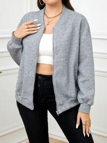 SHEIN LUNE Plus Drop Shoulder Zip Up Bomber Jacket - Light Grey - View 6