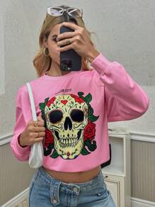 POMOi Artist Round Neck Short Sleeve Day Of The Dead Skull Print Minimalist Streetwear Pullover Sweatshirt, For Holiday, Vacation, Spring, Festival, For Workout, Ibiza Fits, Western Wear
