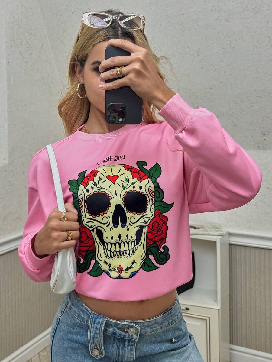 POMOi Artist Round Neck Short Sleeve Day Of The Dead Skull Print Minimalist Streetwear Pullover Sweatshirt, For Holiday, Vacation, Spring, Festival, For Workout, Ibiza Fits, Western Wear