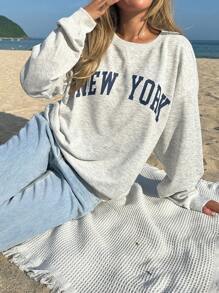 SHEIN EZwear Casual Solid Color Knitted Round Neck Loose Fit Women Sweatshirt With Front Center Print,Long Sleeve Tops