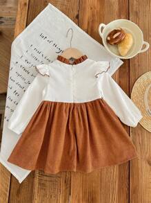 SHEIN Babygirl Autumn/Winter Cute Corduroy Color Block Ruffle Hem Long Sleeve Dress - Brown - View 6