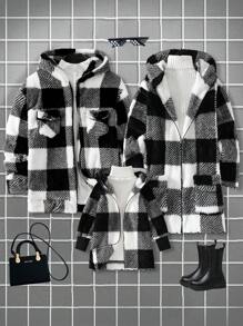 Mom & Me Plaid Fleece Hooded Cardigan Jackets, Loose Fit Warm Fuzzy Contrast Color Coats, Casual Wear - Dark Grey - View 6