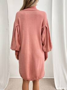SHEIN LUNE 女士纯色高领灯笼袖宽松休闲毛衣连衣裙，秋冬 - 粉色 - 查看 2