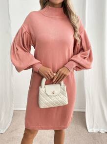 SHEIN LUNE 女士纯色高领灯笼袖宽松休闲毛衣连衣裙，秋冬 - 粉色 - 查看 4