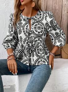 Breezaya Blusa casual holgada con mangas farol, cuello con lazo y estampado floral para mujer, ideal para vacaciones