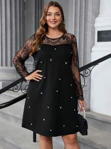 SHEIN Clasi Vestido recto elegante de trabajo, de manga larga, con cuello redondo, detalles de encaje y perlas falsas, informal para mujer de talla grande