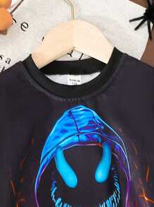 SHEIN 2 pièces Ensemble Sweat-shirt à capuche et pantalon de survêtement avec impression de portrait 3D pour garçons, tenue confortable, polyvalente et durable pour un port quotidien par les garçons, style décontracté et de rue