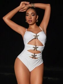 Swim Vcay Đồ bơi liền màu hình ngôi sao rỗng mùa hè - trắng - Xem 7