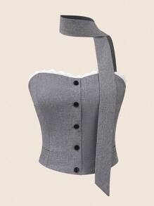 Glamine Solid Button Front Vest Blazer & Skirt Suit Set For Summer Business Women Clothes Sexy Office Siren Women Two Pieces Sets Old Money Style Teacher Outfits Fall Women Clothes Women's Blouse, Neckline And Bodice Lace Sheath - Dark Grey - View 4