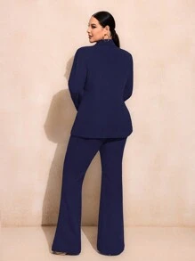 SHEIN SXY Ensemble veste et pantalon de couleur unie grande taille pour l'automne/hiver - Bleu marine - Voir 2