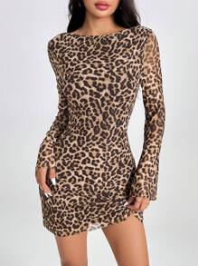 SHEIN PETITE Đầm ôm body hở lưng tay chuông lưới họa tiết da báo gợi cảm - màu nâu - Xem 9