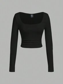SHEIN EZwear 2pcs Women's Solid Color Crew Neck Ruched Waist Long Sleeve Fitted T-Shirt