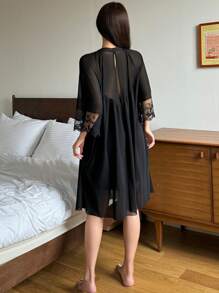 DAZY Loose Fit Long Sleeve Mesh Contrast Mid-Length Nightgown - Black - View 2