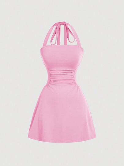 SHEIN MOD Women's Pink Halter A-Line Waist Midi Dress