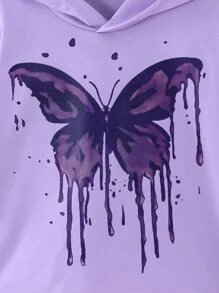 Tween Girl  Casual Butterfly Print Patchwork Sleeve Hooded Sweatshirt, Spring Autumn - Purple - View 5
