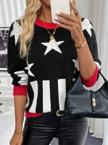 Chiquease Áo len dài tay kiểu dáng thường ngày, họa tiết ngôi sao năm cánh phối màu, thích hợp mặc mùa thu đông. - màu đen - Xem 1