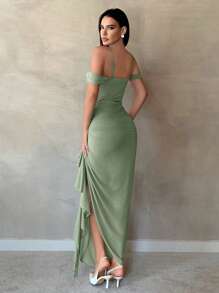 SHEIN Tall Đầm nữ màu trơn gợi cảm và ngọt ngào, cổ bẻ, tay bồng, xếp ly, viền bèo nhún, xẻ tà cao, dây đeo vai - màu xanh lá - Xem 4