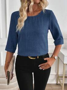 SHEIN LUNE 女式夏季休闲牛仔效果圆领 3/4 袖衬衫 - 藍色 - 查看 1