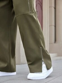 Manfinity Homme 男式加大码纯色抽绳口袋休闲裤 - 綠色 - 查看 2
