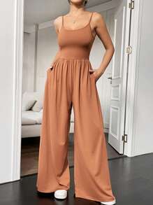 SHEIN Unity Sexy Spaghetti Strap Wide Leg Jumpsuit - Brown - View 3