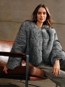 Anewsta Women Elegant Fluffy Collar Short Jacket