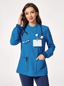 TaskEZ Plain Long Sleeve Scrub Uniform Top - Blue - View 7