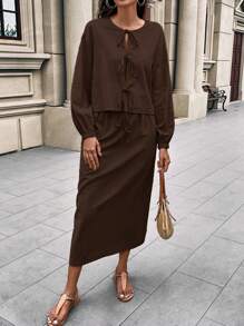 SHEIN LUNE Women's Casual Loose Comfy Linen Bowknot Tie Detail Puff Sleeve Shirt + Women's Casual Comfy Linen A-Line Mid-Length Skirt - Mocha Brown - View 3