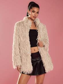 Glamine Chaqueta de mujer de manga larga y corte holgado con cuello de piel sintética en color caqui, abrigo femenino esponjoso y cálido.