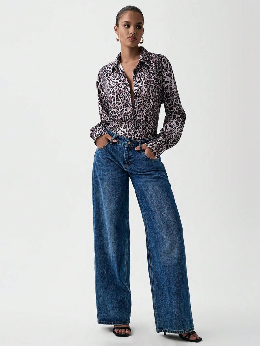 Chiquease Turndown Collar Drop Shoulder Leopard Print, Open Front Loose Casual Fashion Blouse For Women, Animal Print Shirt Fall Cloth For Women