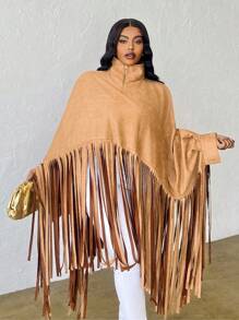 Slaydiva Lângă, solid, cu gât înalt, raglan, evazat, manșetă, tiv cu franjuri, țesătură de căprioară, mai mari, pulover lung, pentru femei, festival elegant și casual și de muzică, primăvară, toamnă - Kaki - Vizualizare 1