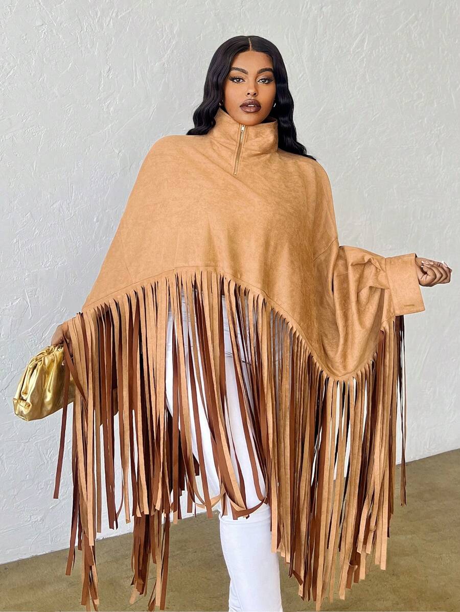 Slaydiva Loose Solid High Neck Raglan Flared Cuff Contrast Fringe Hem Suede Fabric Plus Size Long Pullover Sweatshirt For Women, Elegant&Casual&Music Festival, Spring Autumn - Khaki - View 1