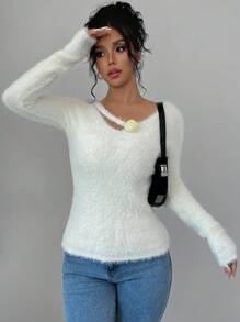 Chiquease Women's Asymmetric Neck Drop Shoulder Long Sleeve Fuzzy Sweater, Autumn & Winter, Knit Pullover Fall - Beige - View 4