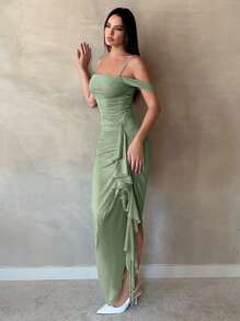 SHEIN Tall Đầm nữ màu trơn gợi cảm và ngọt ngào, cổ bẻ, tay bồng, xếp ly, viền bèo nhún, xẻ tà cao, dây đeo vai - màu xanh lá - Xem 2