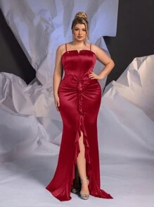 Glamrae Plus Size Red Sequin Panel Bustier Embellished High Split Mermaid Hem Elegant Formal Gown, Wedding Event Dress, Prom Evening Dress, For Wedding Guest, Graduation, Dinner