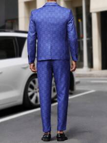 Manfinity Mode Men's Plaid Contrasting Textured Suit Two-Piece Suit, Notch Lapel Suit Jacket, Back Detail Split, Casual Suit Pants, Business Casual Autumn And Winter Suit - Navy Blue - View 2