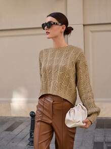 SHEIN Cottnline Simple Solid Crew Neck Long Sleeve Twist Patterned Pullover - Khaki - View 3