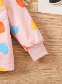 Girls Heart Pattern Hooded Lined Mid-Length Jacket, Fall/Winter Outerwear - Pink - View 4