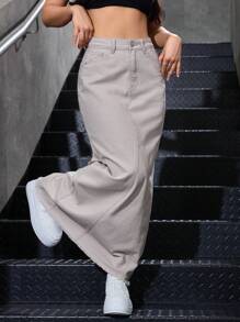 SHEIN EZwear 春秋休闲纯色长款牛仔半身裙 - 卡其色 - 查看 3