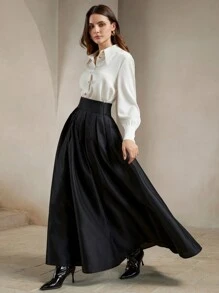 Anewsta High-Waisted Elegant Puff Skirt, Royal Style Maxi Women Outfit - Black - View 3