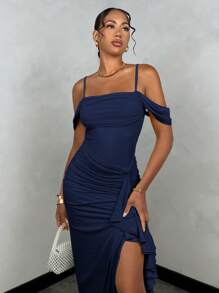 SHEIN BAE 女式性感甜美纯色垂领飘逸袖荷叶边下摆高开衩吊带连衣裙，夏季 - 藏蓝色 - 查看 5