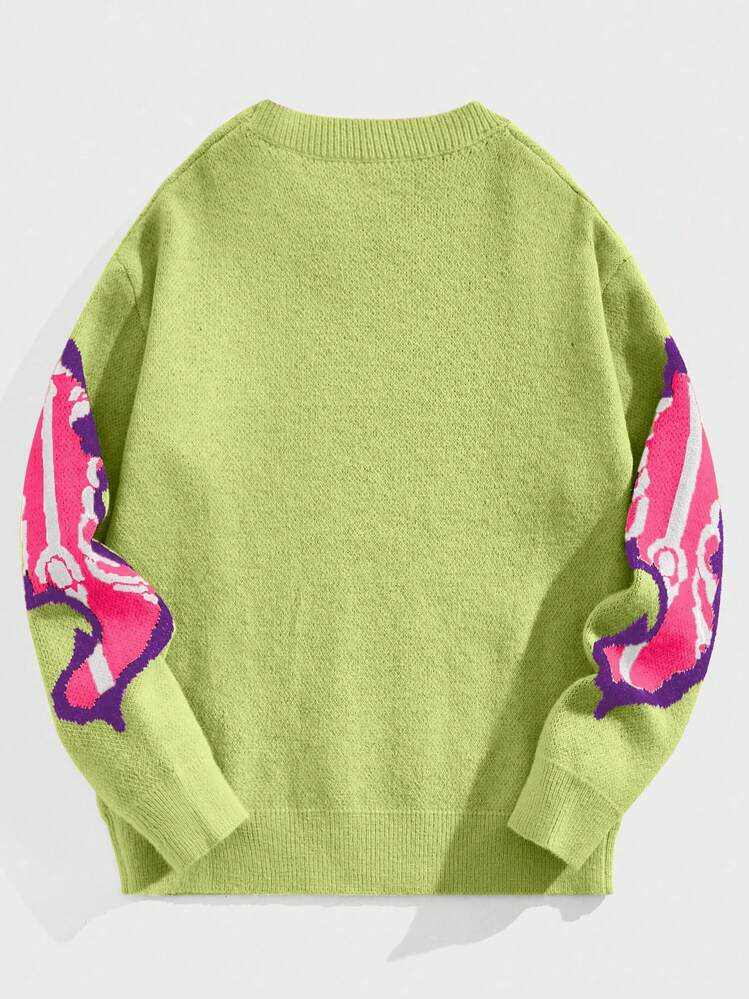 ROMWE MEN Street Life Spring Casual Graphic Men'S Crew Neck Long Sleeve Skeleton Pattern Casual Pullover Sweater, Halloween, For Fall Winter, Grunge Style - Green - View 2