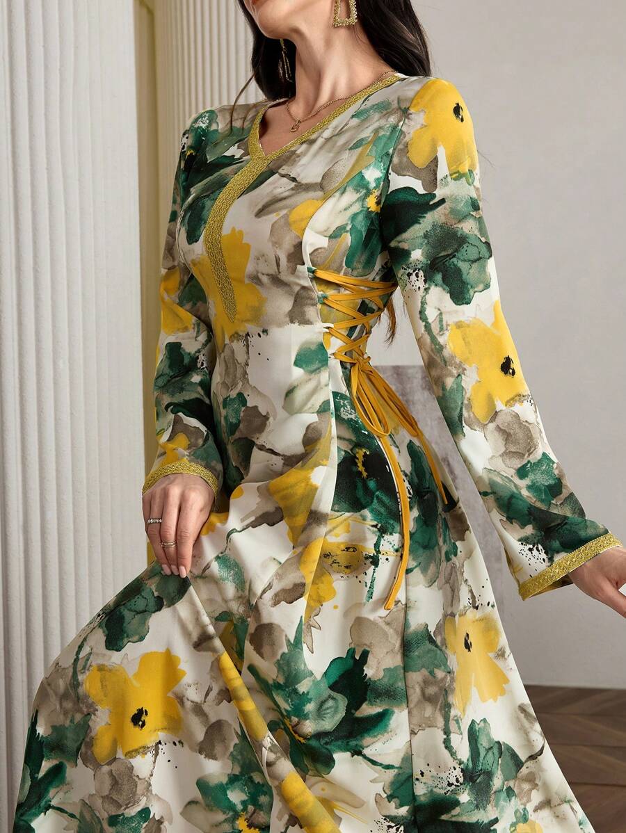 Al Najma Tie Dye Print Dress With Gold Edge Ribbon Side Tie-Up Fall Cloth For Women - Dark Green - View 1