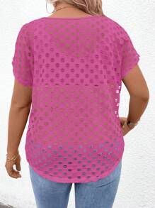 SHEIN LUNE Plus Size Women's Solid Color Round Neck Loose Casual Hollow-Out Short Sleeve Top, Summer