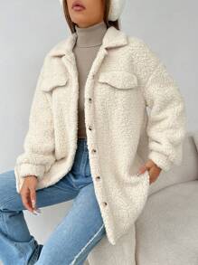 SHEIN PETITE Dropped Shoulder Flap Detail Teddy Fur Coat - Apricot - View 5
