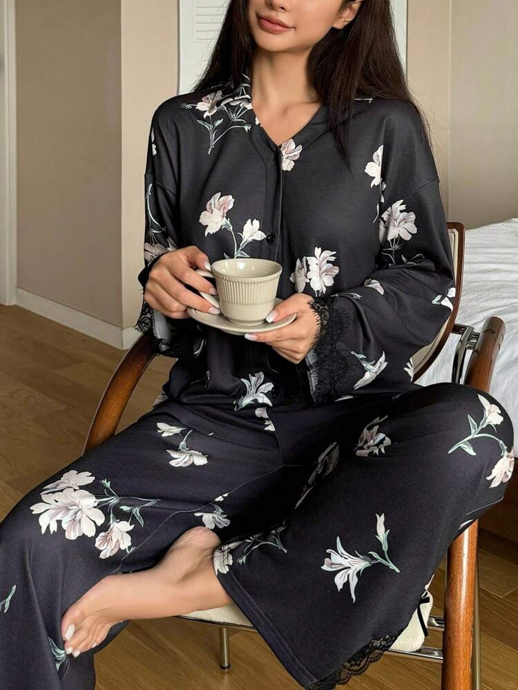 Floral Lace Patchwork Loungewear Pajama Set, Casual Daily Sleepwear